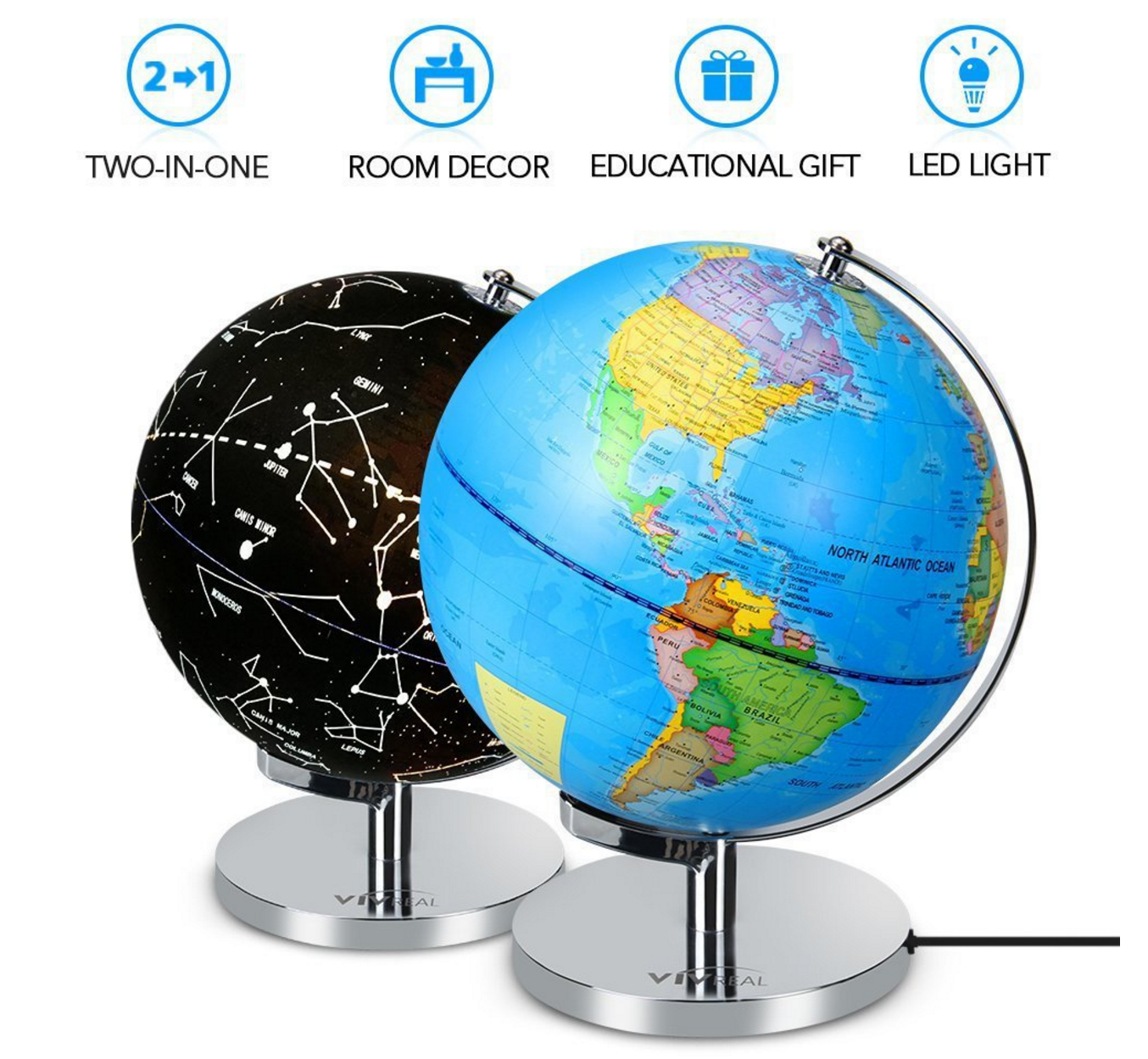 nteractive Globe for Kids, 2 in 1, Day View World Globe and Night View Illuminated Constellation Map